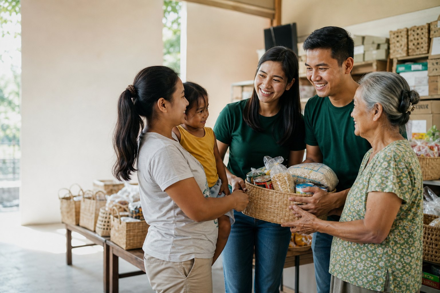 Filipino foundation volunteers coordinating a food and essentials handover with a mother, child, and elderly woman